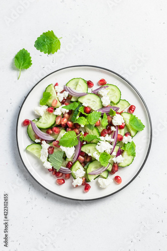Healthy pomegranate cucumber salad, red onion mint vinegar gressing. Space for text, top view.