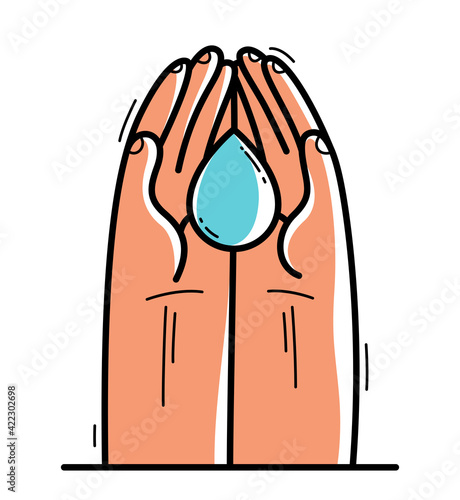 Two hands with water drop protecting and showing care vector flat style illustration isolated on white, cherish and defense for fresh water concept, world water day.