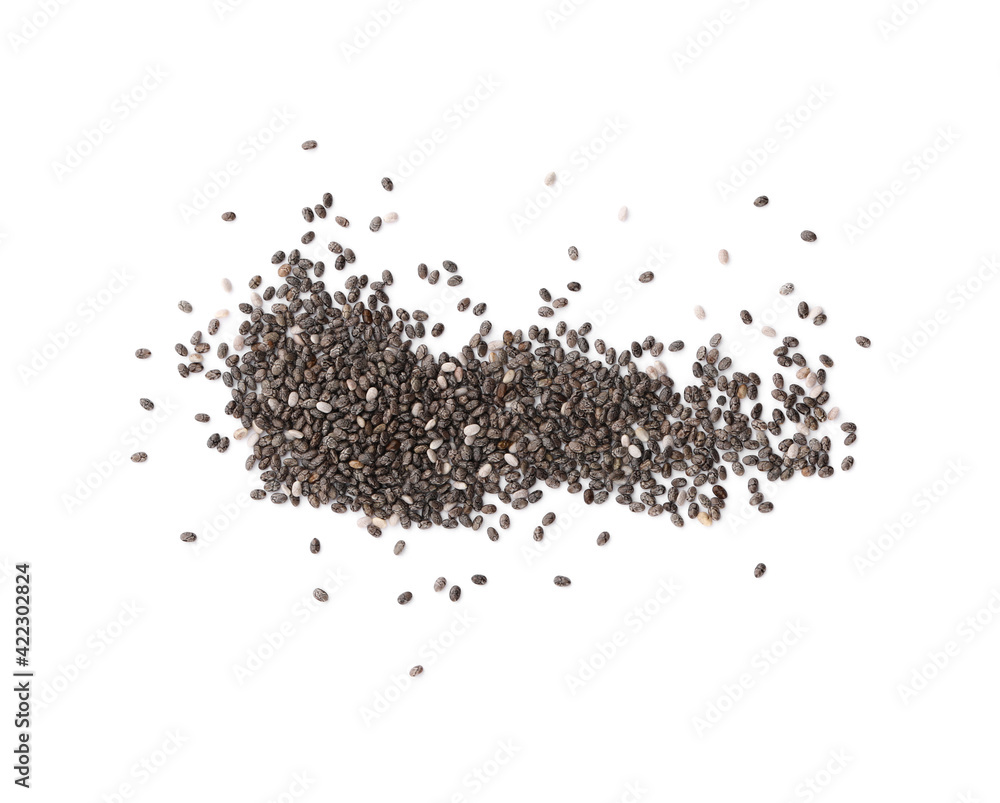 Pile of chia seeds on white background, top view Pile of chia seeds on white background, top view