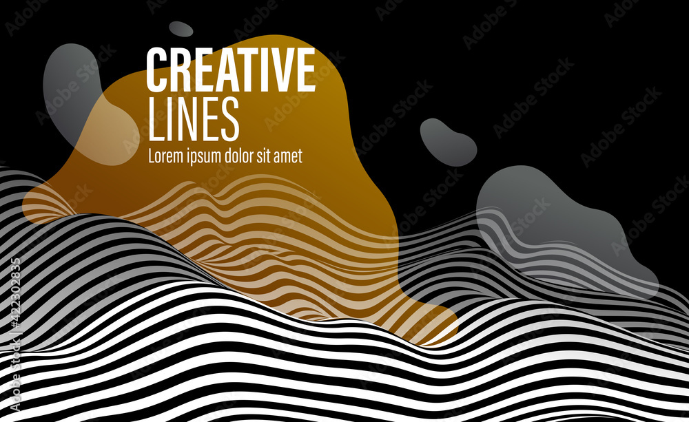 3D black and white lines in perspective with yellow fluid liquid paint splat abstract vector background, linear perspective terrain pattern op art. 3D black and white lines in perspective with yellow fluid liquid paint splat abstract vector background, linear perspective terrain pattern op art.