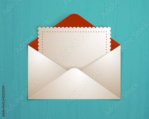 Postal envelope with blank card over wooden background realistic vector paper illustration, graphic design element message greeting mail.