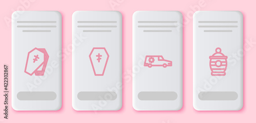 Set line Coffin with cross, , Hearse car and Funeral urn. White rectangle button. Vector
