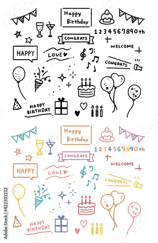 誕生日の文字とモチーフアイコンのイラストレーション
