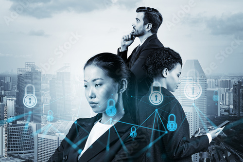 Canvas Print Group of business colleagues as a part of multinational corporate team working on project to protect clients information at cybersecurity compliance division