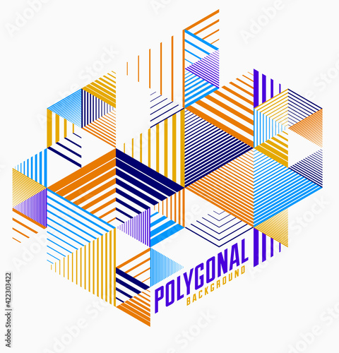 Linear striped abstract vector dimensional 3D background with isolated retro style graphic element with cubes and triangles. Template for poster or banner, cover or ad.
