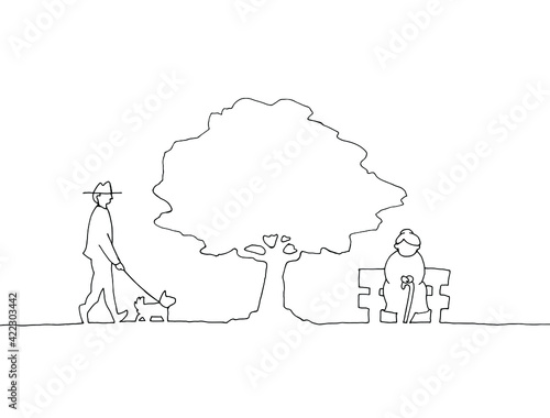 木の下の人々　線画イラスト