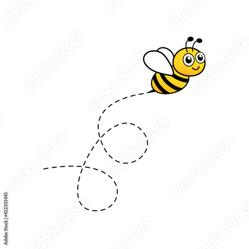 Cartoon bee icon. Bee flying on a dotted route isolated on the white background. Animal happy character. Vector illustration.
