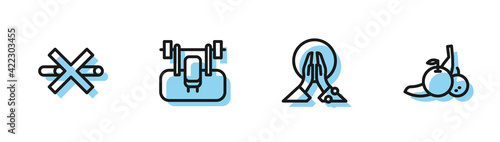 Set line Meditation, No Smoking, Bench with barbel and Fruit icon. Vector