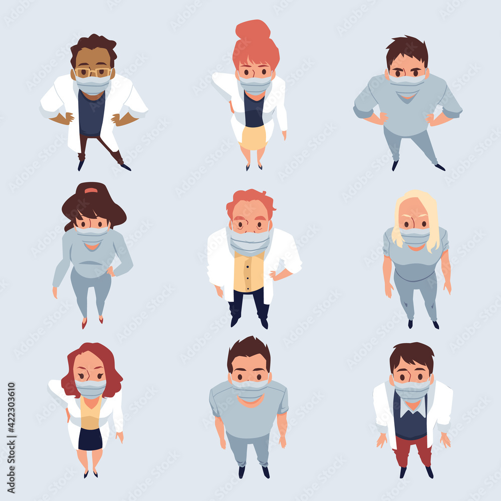 Fototapeta premium Top view on standing and look up people in protective facial masks.