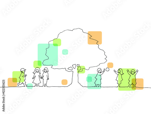 木の下で遊ぶ子どもたち　線画イラスト