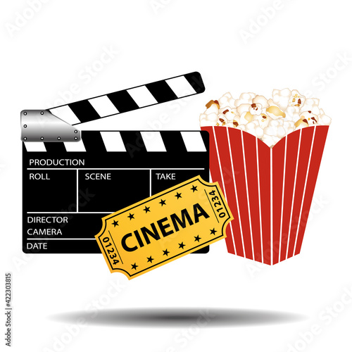 Cinema design elements. Pop corn, clapper board and cinema ticket. Vector icons set. Illustration II.