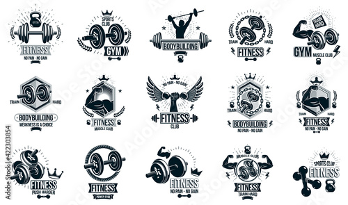 Gym fitness sport emblems and logos vector set isolated with barbells dumbbells kettlebells and muscle body man silhouettes and hands, athletics workout sport club, active lifestyle.