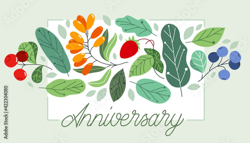Greeting card with ripe wild berries and fresh green leaves vector flat drawing, floral design composition diet natural food mockup, invitation or anniversary theme, congratulations.