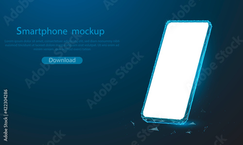 Smartphone frame less blank screen, rotated position. glowing blue 3D mesh polygonal network line, design sphere, dot, structure on a cell phone. Smartphone perspective view.
