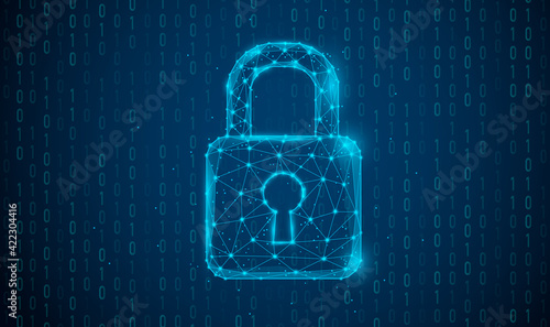 Cybersecurity and information or network protection. Future cyber technology web services for business and internet projects. Low polygon, particle, and triangle style design. Wireframe light