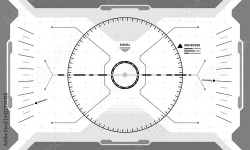 VR HUD interface crosshair cyberpunk screen black and white design. Futuristic sci-fi virtual reality view head up display visor. GUI UI digital technology dashboard panel vector eps illustration