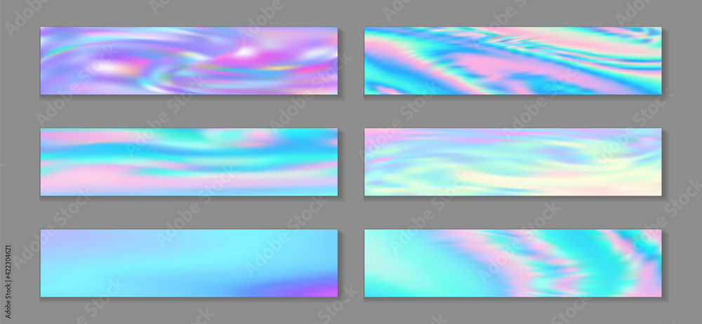 Neon holo modern flyer horizontal fluid gradient mermaid backgrounds vector collection. Pearlecent