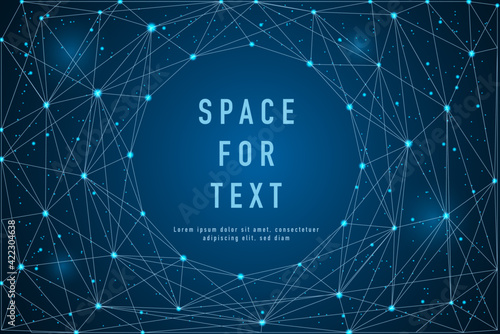 Magic night sky banner for invitation card. Frame template for text or photo with geometric wireframe background in polygonal style. Futuristic space for booklet.Low polygon light connection structure