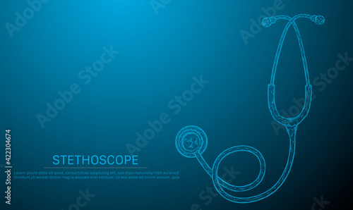 Glowing blue stethoscope for medical. Abstract vector low poly wireframe illustration with connected dots and polygonal shapes. Horizontal medical banner with copy space.