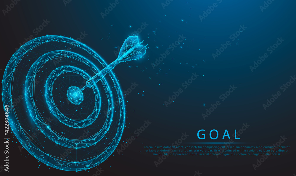 Smart goal setting, dart hit the center of dartboard glowing blue. Low polygon, particle, and triangle style design.Wireframe light connection structure. - obrazy, fototapety, plakaty 
