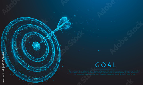 Smart goal setting, dart hit the center of dartboard glowing blue. Low polygon, particle, and triangle style design.Wireframe light connection structure. photo
