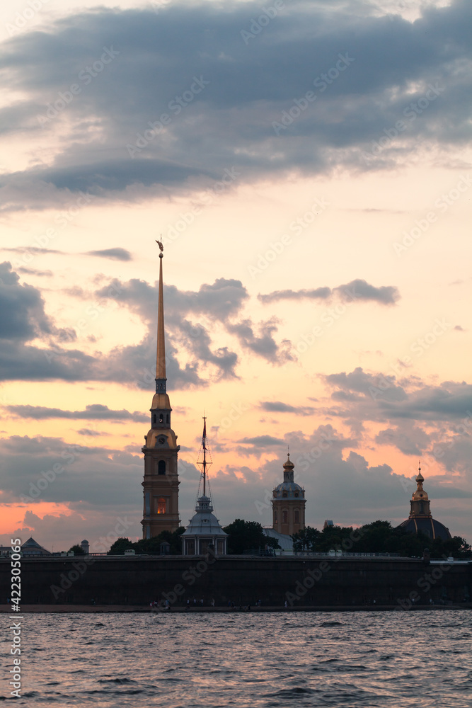 Peter and Paul fortress silhouette at white night