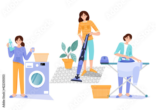 Household duties. Woman in the bathroom with powder, woman with vacuum, woman irons a shirt .