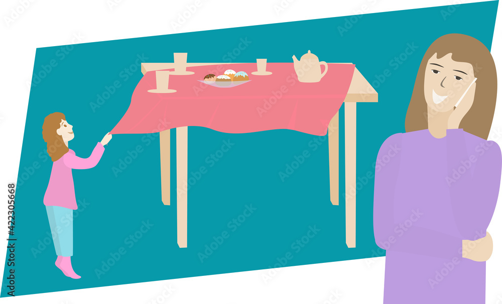 Kid in dangerous situation. Mom speaks on phone and does not look at baby. The child pulls a tablecloth on which hot tea and dishes Accident prevention, safety concept. Isolated vector illustration. Kid in dangerous situation. Mom speaks on phone and does not look at baby. The child pulls a tablecloth on which hot tea and dishes Accident prevention, safety concept. Isolated vector illustration.