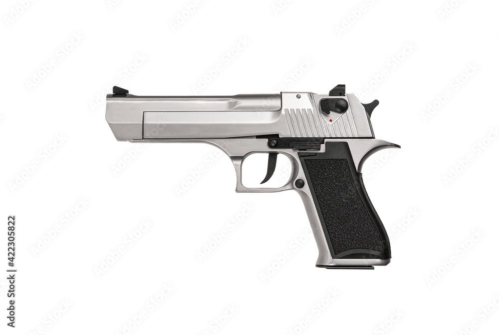Modern semi-automatic silver pistol isolate on a white background. Armament for the army and police. Short-barreled weapon.