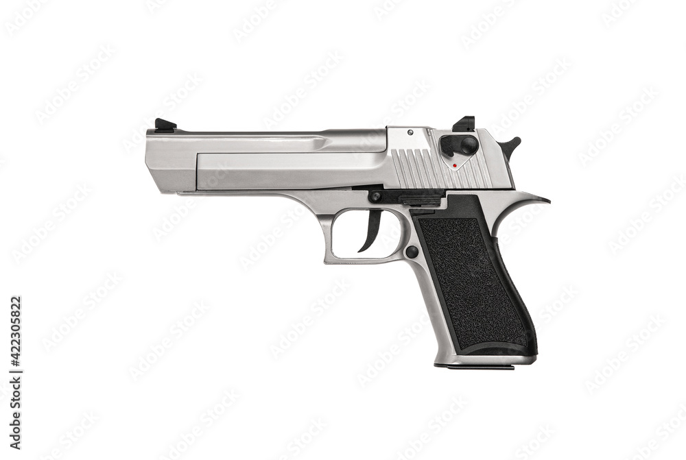 Modern semi-automatic silver pistol isolate on a white background. Armament for the army and police. Short-barreled weapon. Modern semi-automatic silver pistol isolate on a white background. Armament for the army and police. Short-barreled weapon.
