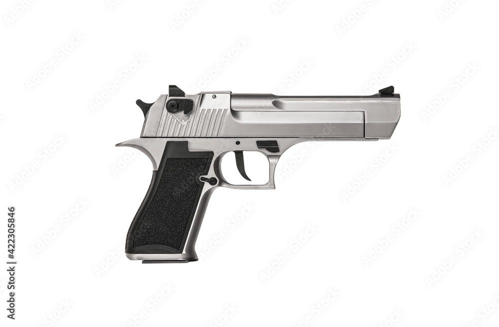 Modern semi-automatic silver pistol isolate on a white background. Armament for the army and police. Short-barreled weapon.