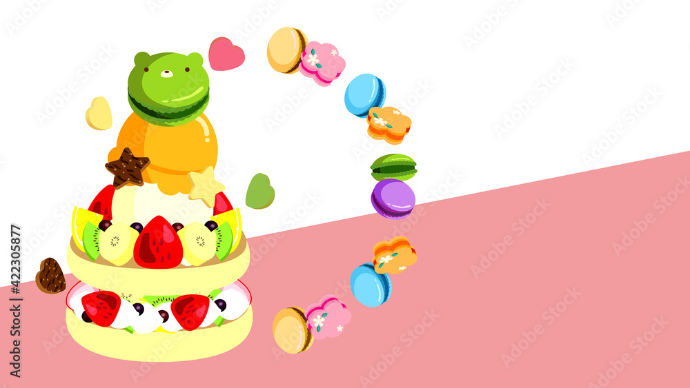 イチゴとキウイ・バナナ・オレンジのフルーツケーキにアイスクリームとマカロンをのせて|Strawberry and kiwi, banana and orange fruitcake with ice cream and macaroons イチゴとキウイ・バナナ・オレンジのフルーツケーキにアイスクリームとマカロンをのせて|Strawberry and kiwi, banana and orange fruitcake with ice cream and macaroons