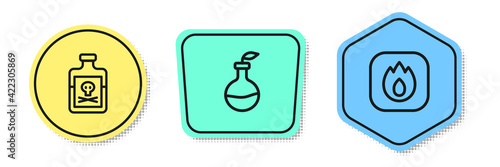 Set line Poison in bottle, Plant breeding and Fire flame. Colored shapes. Vector