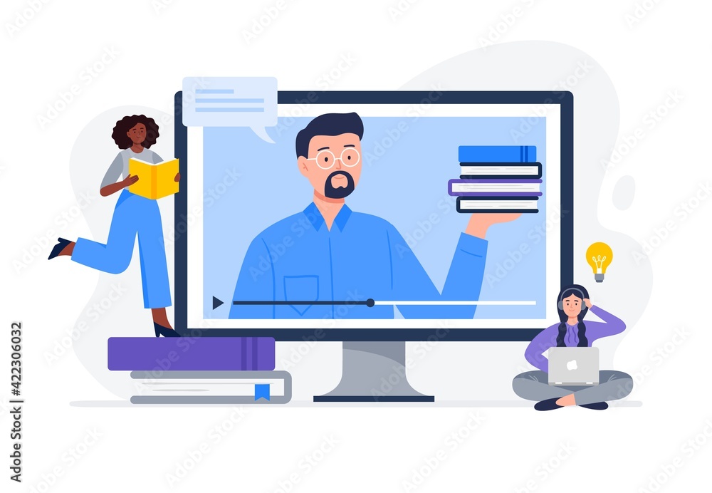Women study online and watch a video presentation. Banner or background for a site with a distance education theme. Vector flat illustration.