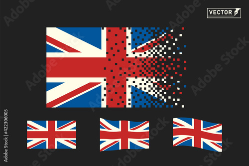 UK United Kingdom flag is an abstract dynamic pixel flag. Movement, undulating. Vector icon.