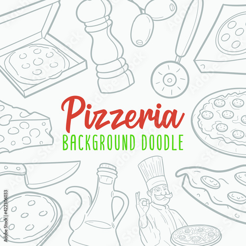 Pizzeria Doodle Banner Icon. Food Vector Illustration Hand Drawn Art. Line Symbols Sketch Background.
