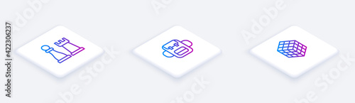Set Isometric line Chess, School backpack and Rubik cube. White square button. Vector