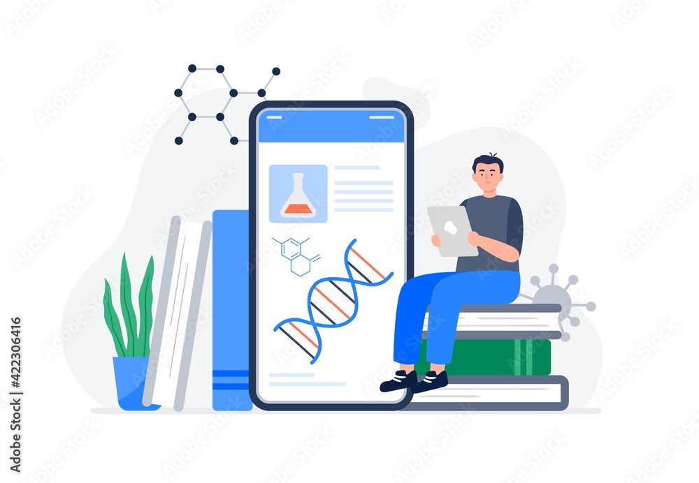A young man studies biology online and watches video course. Banner or background for a site with a distance education theme. Vector flat illustration. A young man studies biology online and watches video course. Banner or background for a site with a distance education theme. Vector flat illustration.