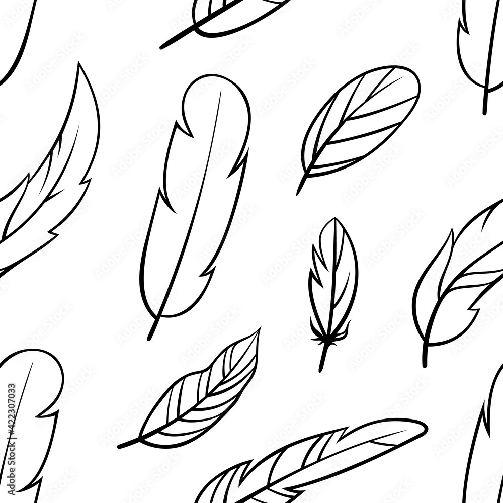 Hand-drawn Boho style feathers, seamless pattern. Hippie style. Contour. Isolated on a white background. Hand-drawn Boho style feathers, seamless pattern. Hippie style. Contour. Isolated on a white background.