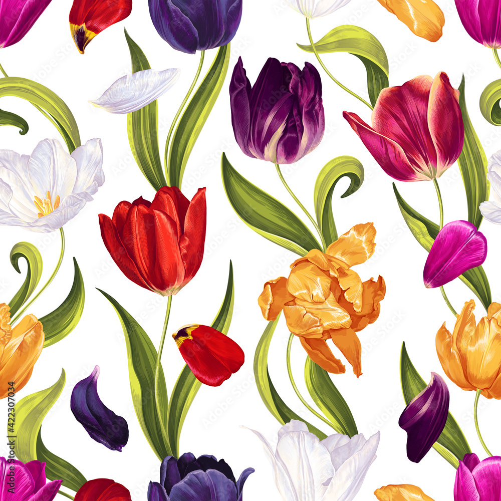 Seamless pattern with multicolored tulips, leaves, petals on white background. Hand drawn, high realistic, vector, spring flowers for fabric, prints, decorations, invitation cards, advertising banners