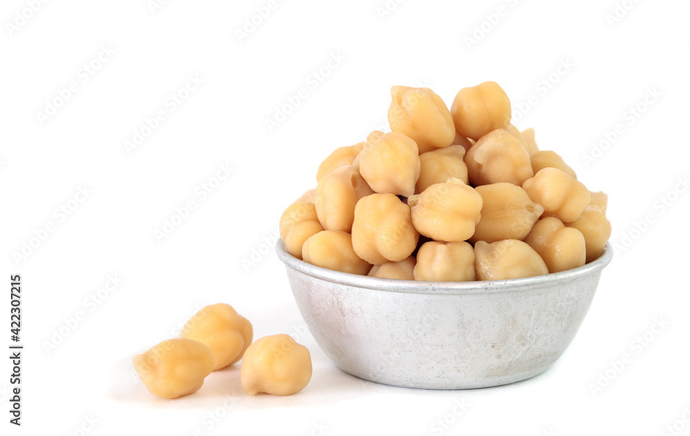 Boiled Chickpeas In a tin bowl. Isolated white background Boiled Chickpeas In a tin bowl. Isolated white background