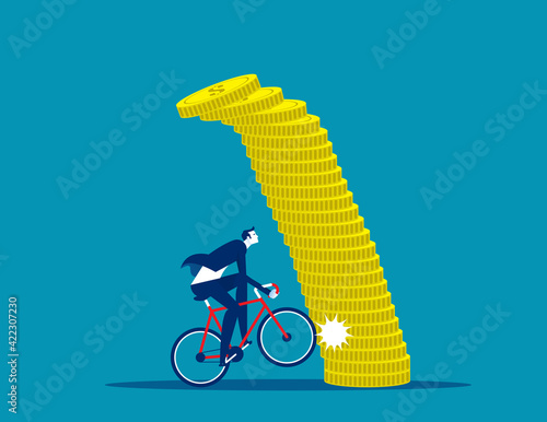 A businessman driving and colliding with a pile of coins