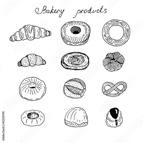 Set of fresh buns, vector doodle illustration, sketch