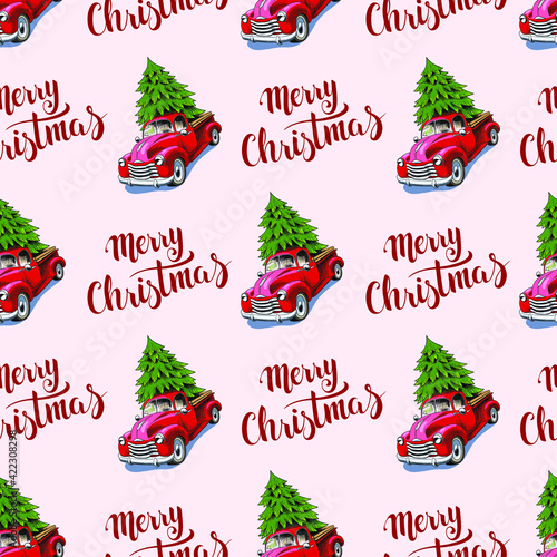 Christmas seamless background. A red retro truck with a Christmas tree and a fun Christmas text. The text is written by hand. New Year seamless pattern.