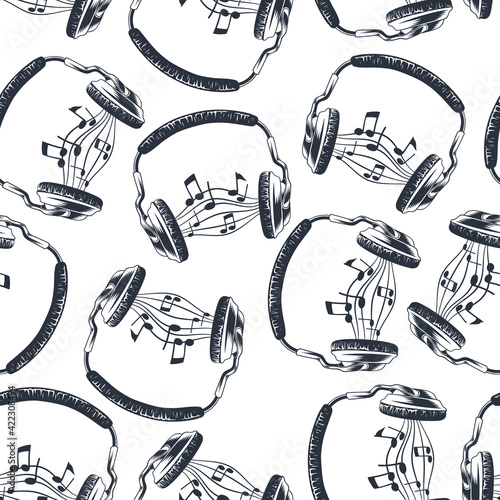 Headphones with a sounding song with notes. Seamless pattern. Headphones for music or a headset. Hand drawing. Isolated on a white background.