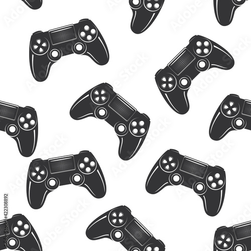 Game controller, Gamepad with sticks and buttons, video game controller isolated on white background. Seamless background.