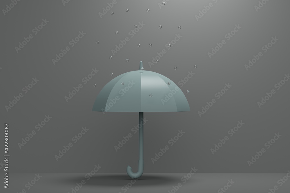 Gray umbrella and raindrops on dark background with overhead light. Backdrop design for product promotion. 3d rendering