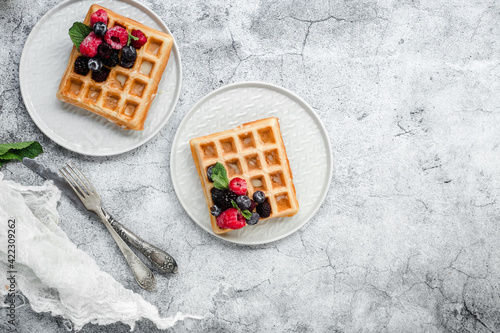 Belgian waffles with berries on a light plate.Breakfast