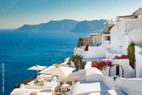 White architecture on Santorini island  Greece. Summer landscape  sea view. Famous travel destination