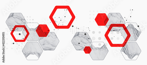 Modern science or technology abstract background using hexagonal shapes. Wireframe spot surface illustration. Vector. photo